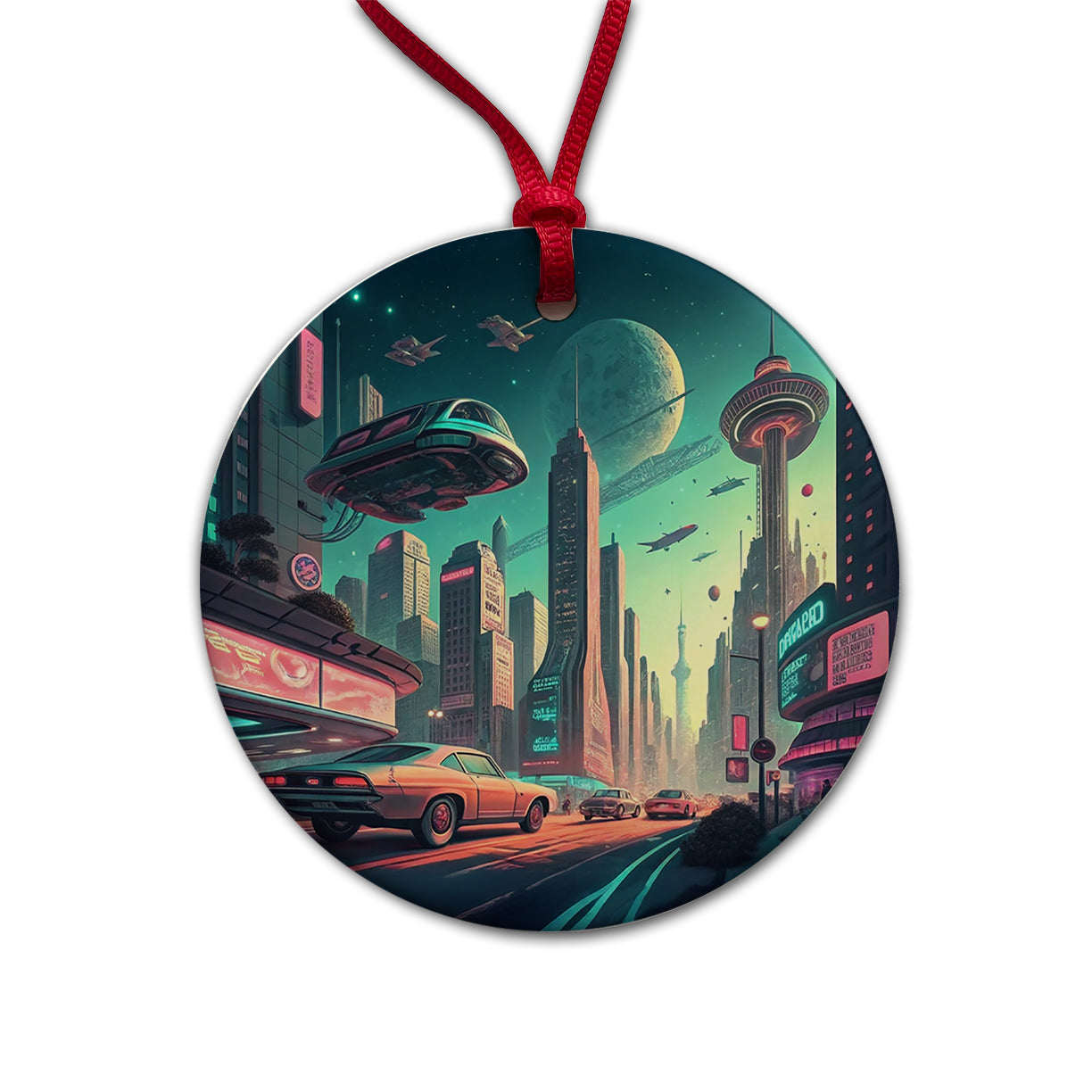 Retro Sci-fi Poster Art Futuristic City Scene Round Ceramic Holiday Christmas Tree Ornament