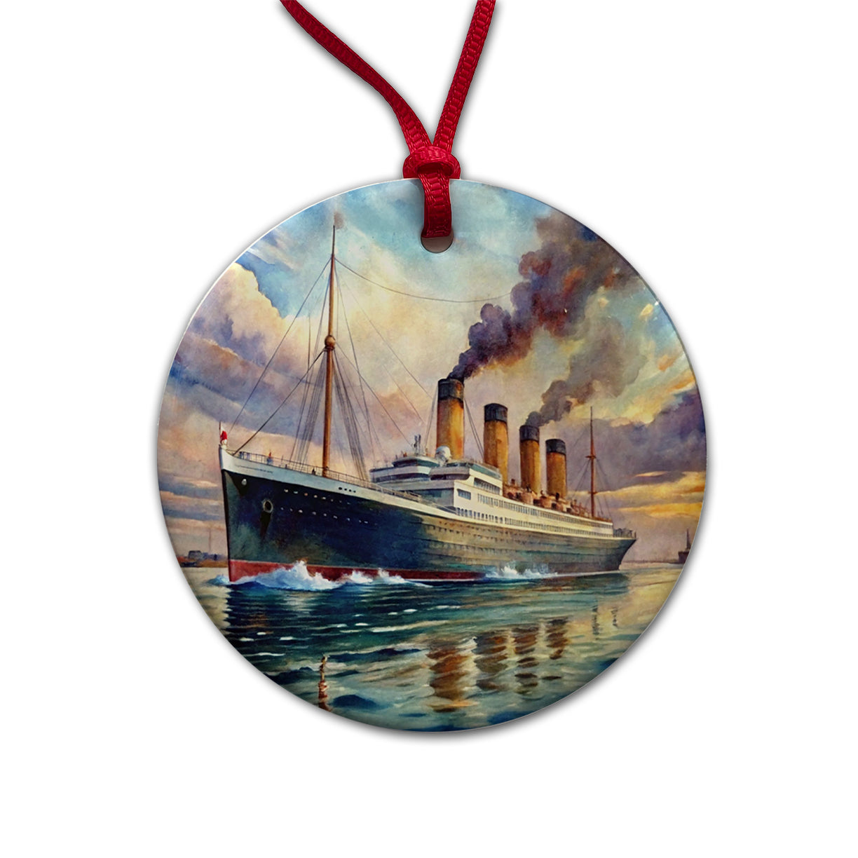 RMS Titanic Ocean Liner Cruise Ship Underway Watercolor Round Ceramic Holiday Christmas Tree Ornament