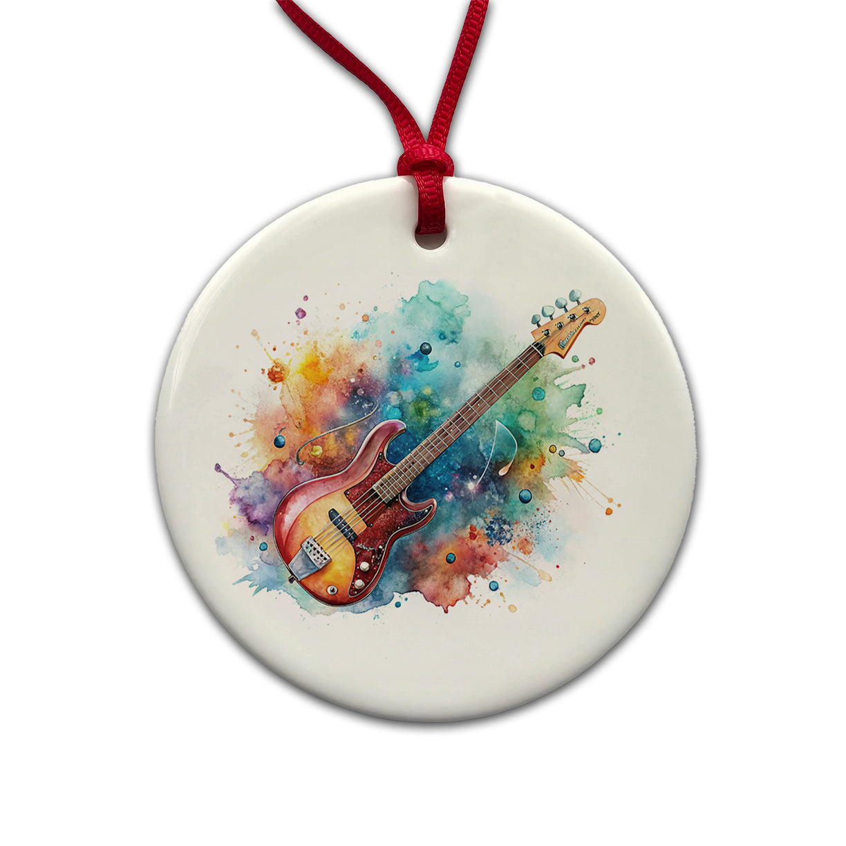 Rock And Roll Guitar Watercolor Round Ceramic Holiday Christmas Tree Ornament