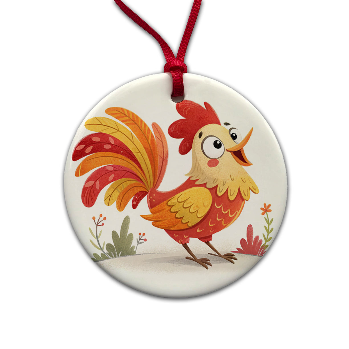 Rooster Children's Illustration Style Round Ceramic Holiday Christmas Tree Ornament