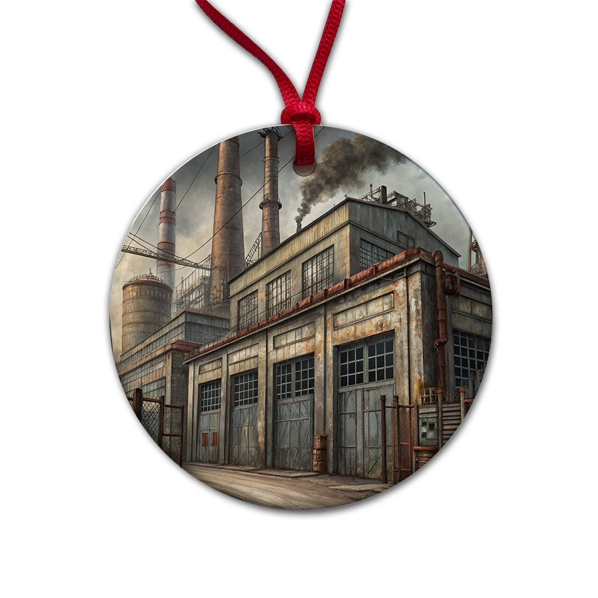 Rundown Old Industrial Factory Round Ceramic Holiday Christmas Tree Ornament
