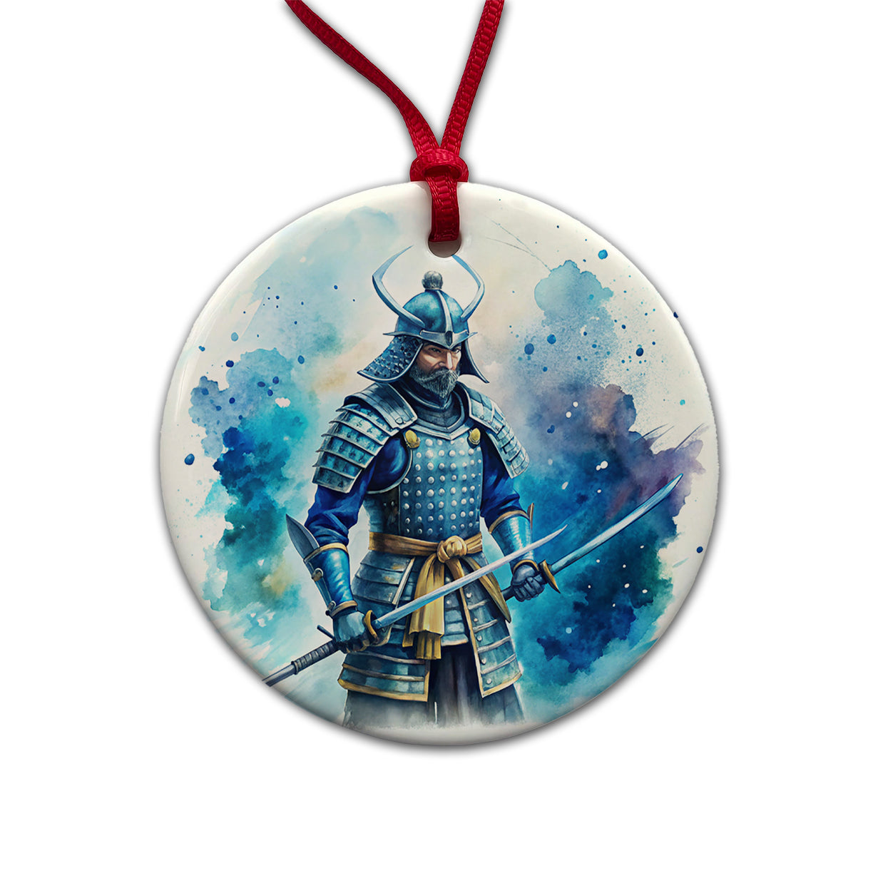 Samurai With Katana And Blue Armor Watercolor Round Ceramic Holiday Christmas Tree Ornament
