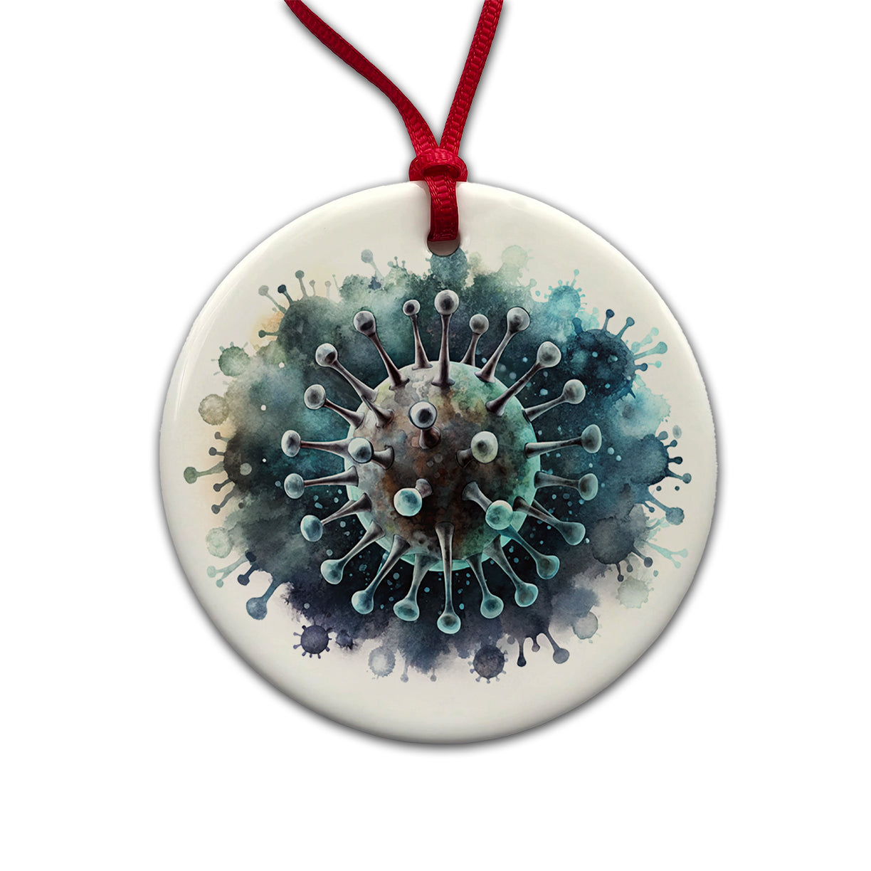 Scary Virus Black Watercolor Round Ceramic Holiday Christmas Tree Ornament