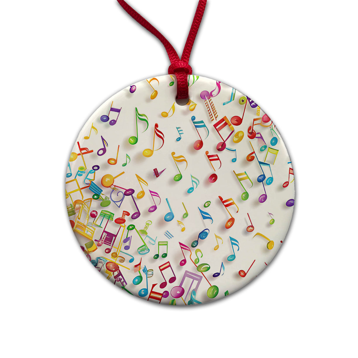 Scattered Colorful Rainbow Music Musical Notes Round Ceramic Holiday Christmas Tree Ornament