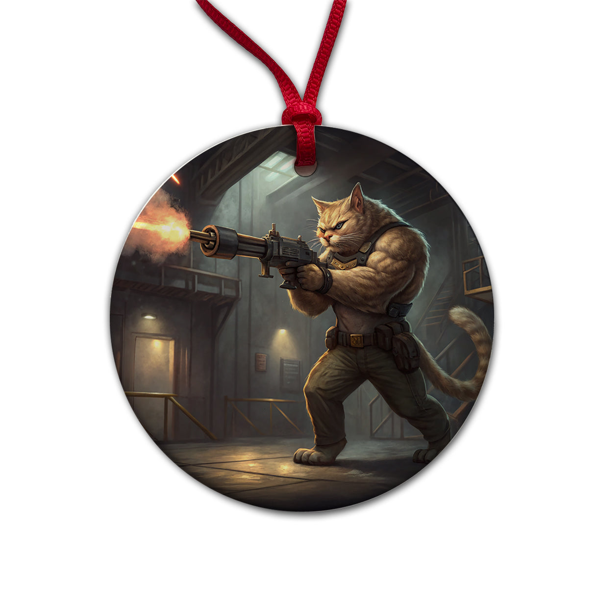 Sci-fi Action Hero Cat Shooting A Machine Gun Round Ceramic Holiday Christmas Tree Ornament