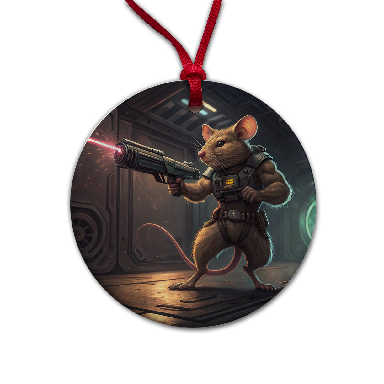 Sci-fi Action Hero Mouse With Laser Gun Round Ceramic Holiday Christmas Tree Ornament