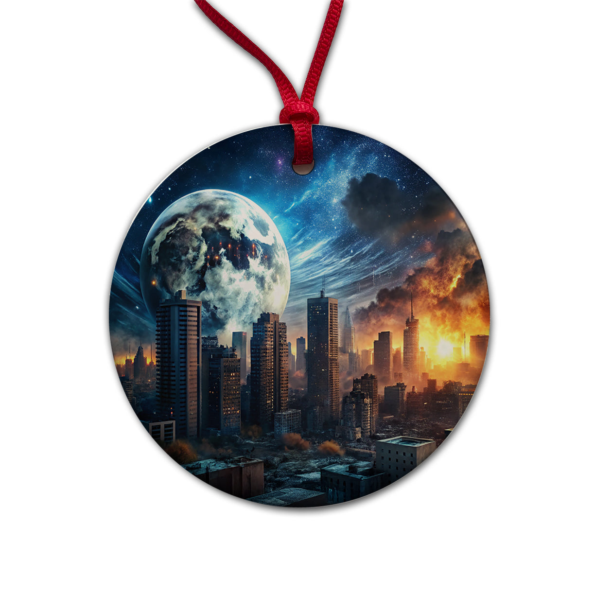 Sci-fi Apocalypse Cityscape City At Night Under a Large Full Moon Round Ceramic Holiday Christmas Tree Ornament