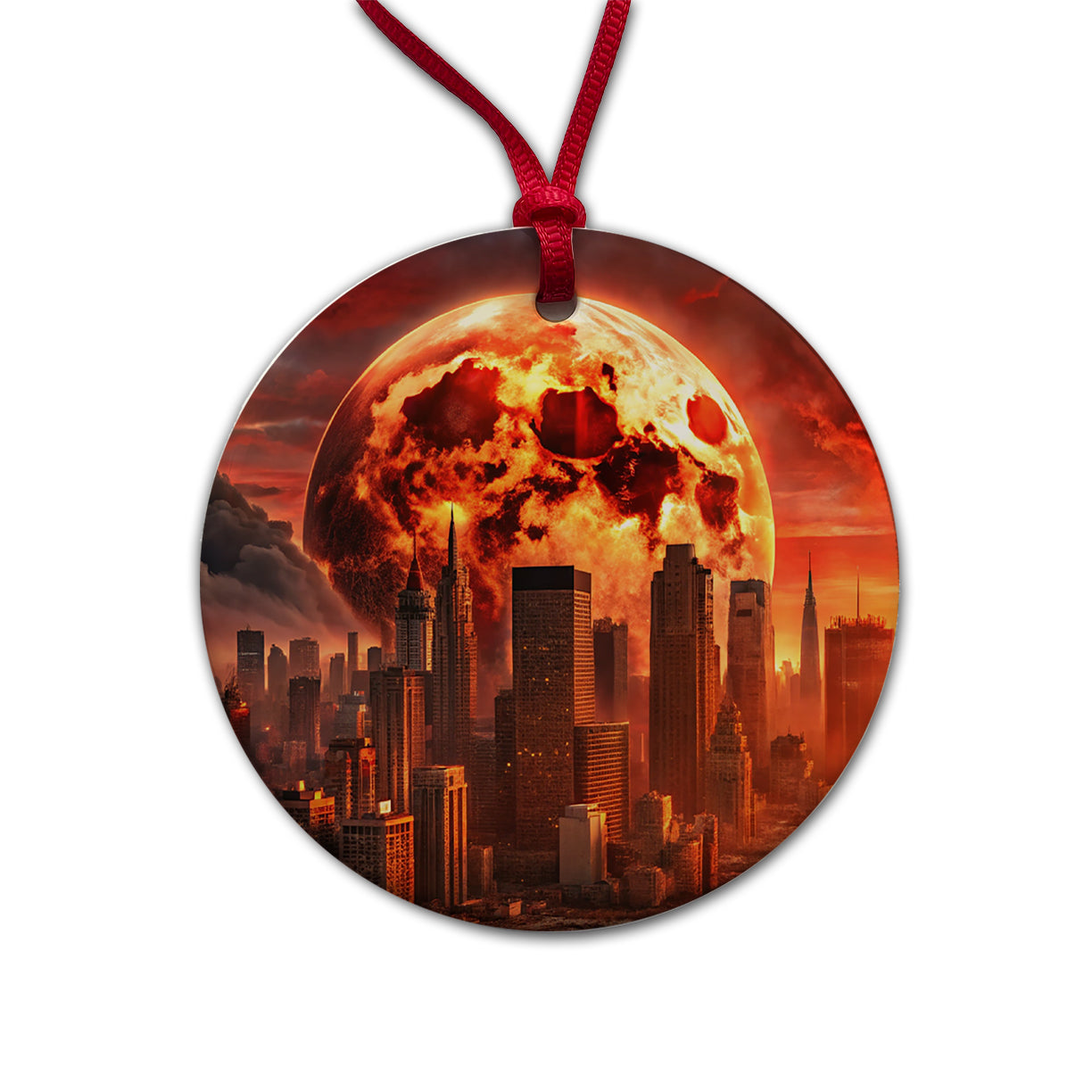 Sci-fi Apocalypse Cityscape Under A Red Full Moon Round Ceramic Holiday Christmas Tree Ornament