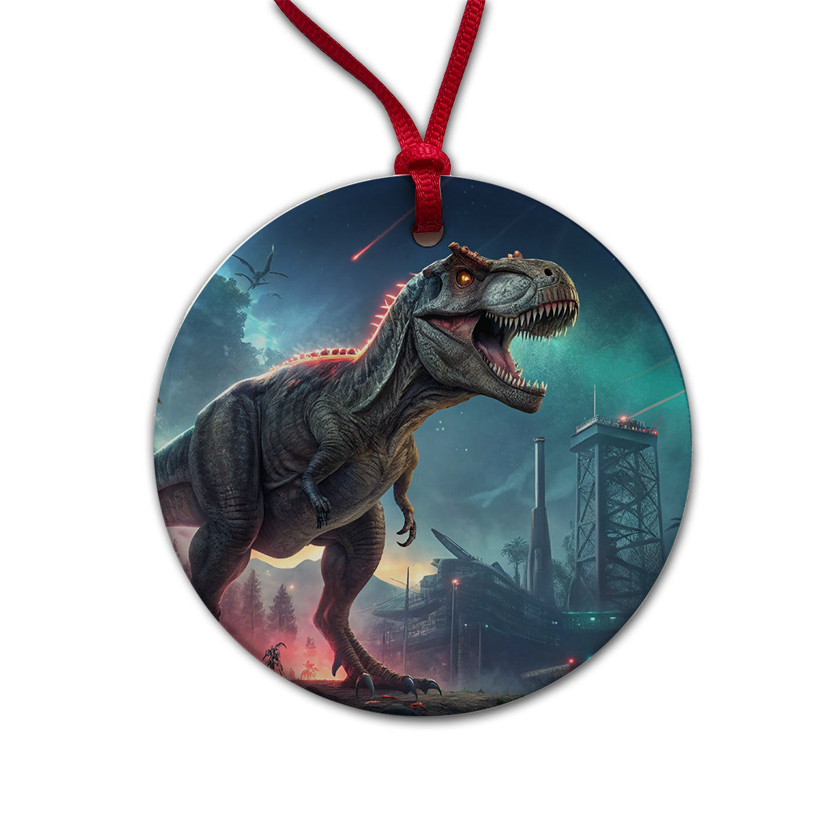 Sci-fi Futuristic T-Rex Dinosaur Round Ceramic Holiday Christmas Tree Ornament