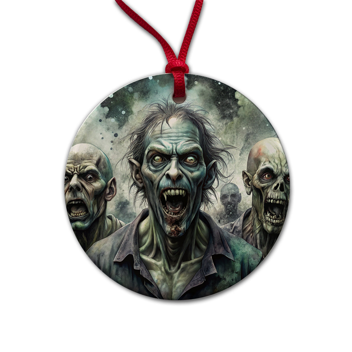 Shambling Zombies Monsters Black Watercolor Round Ceramic Holiday Christmas Tree Ornament