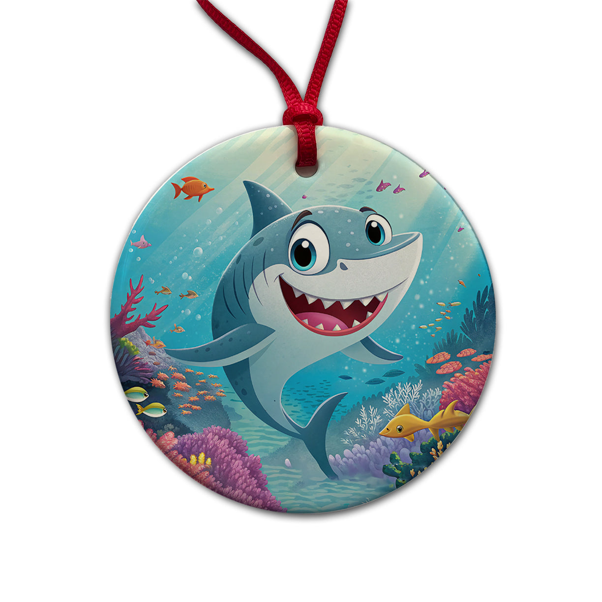 Shark Children's Illustration Style Round Ceramic Holiday Christmas Tree Ornament
