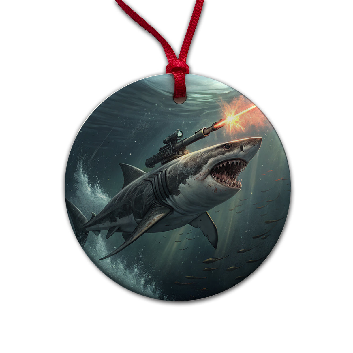 Shark With Laser Gun Mounted On Its Back Round Ceramic Holiday Christmas Tree Ornament