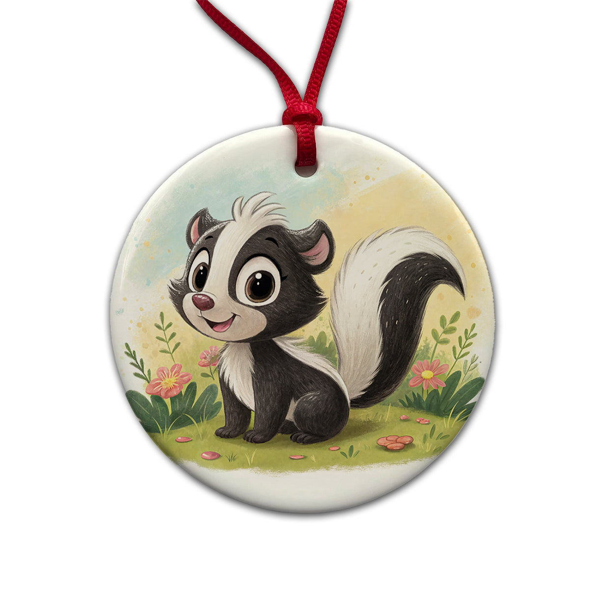 Skunk Children's Illustration Style Round Ceramic Holiday Christmas Tree Ornament