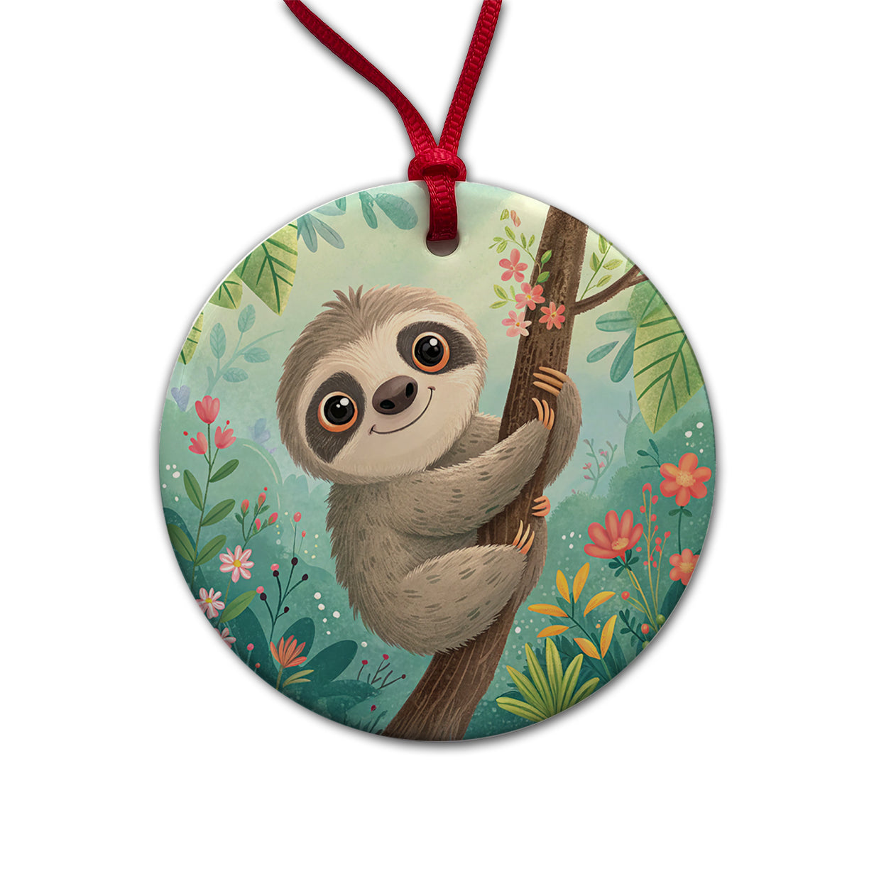 Sloth Children's Illustration Style Round Ceramic Holiday Christmas Tree Ornament