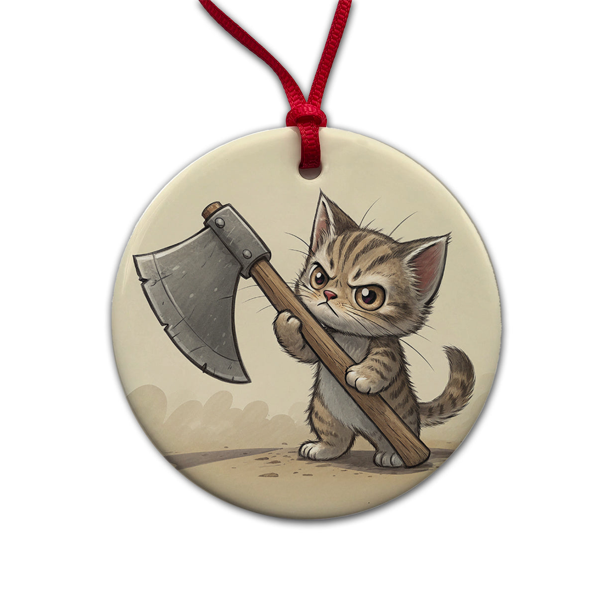 Small Cat Kitten Wielding a Large Axe Funny Fantasy Round Ceramic Holiday Christmas Tree Ornament