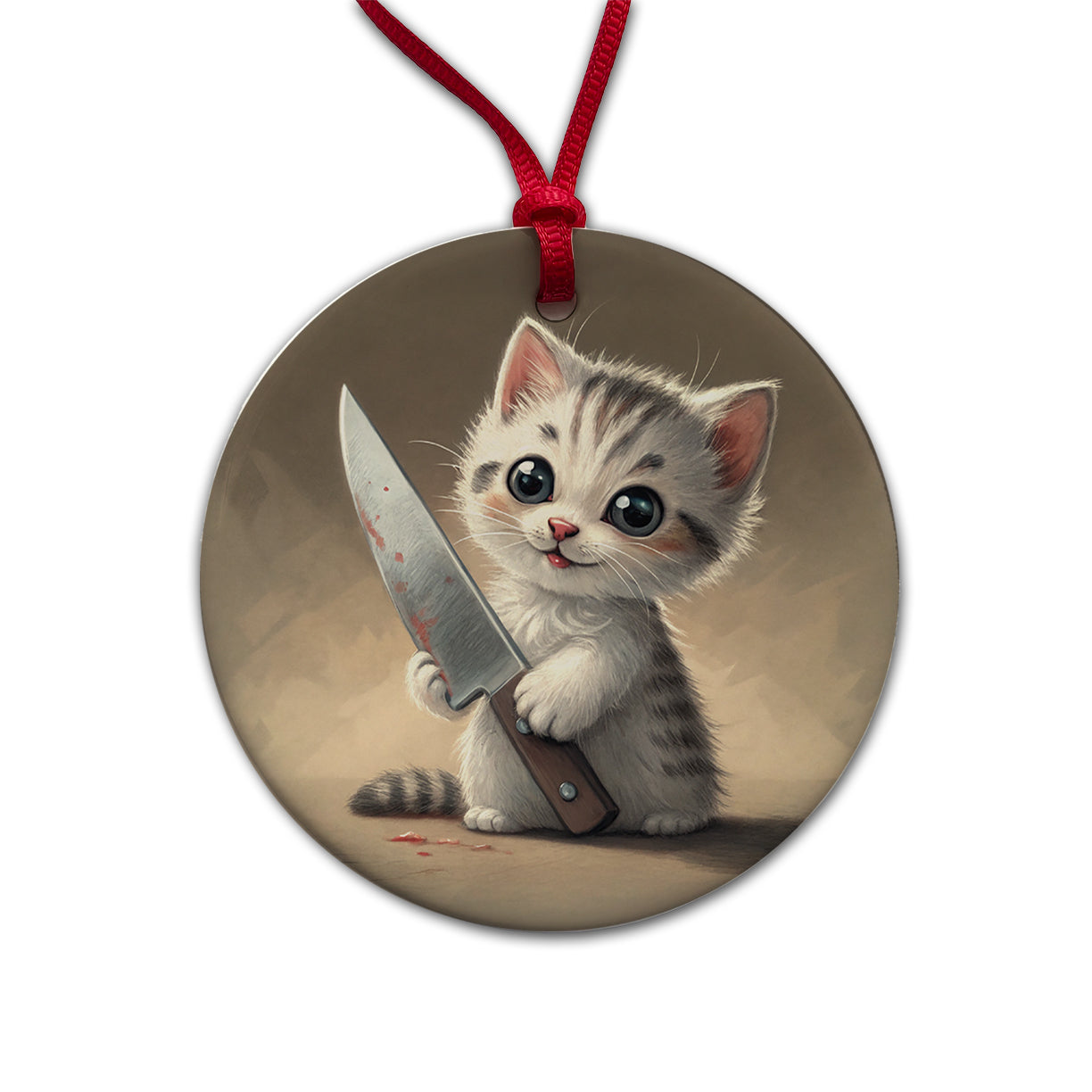Small Cute Cat Kitten with a Butcher Knife Funny Round Ceramic Holiday Christmas Tree Ornament
