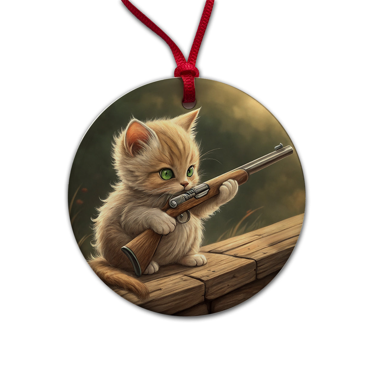 Small Cute Fuzzy Cat Kitten with a Shotgun Funny Round Ceramic Holiday Christmas Tree Ornament