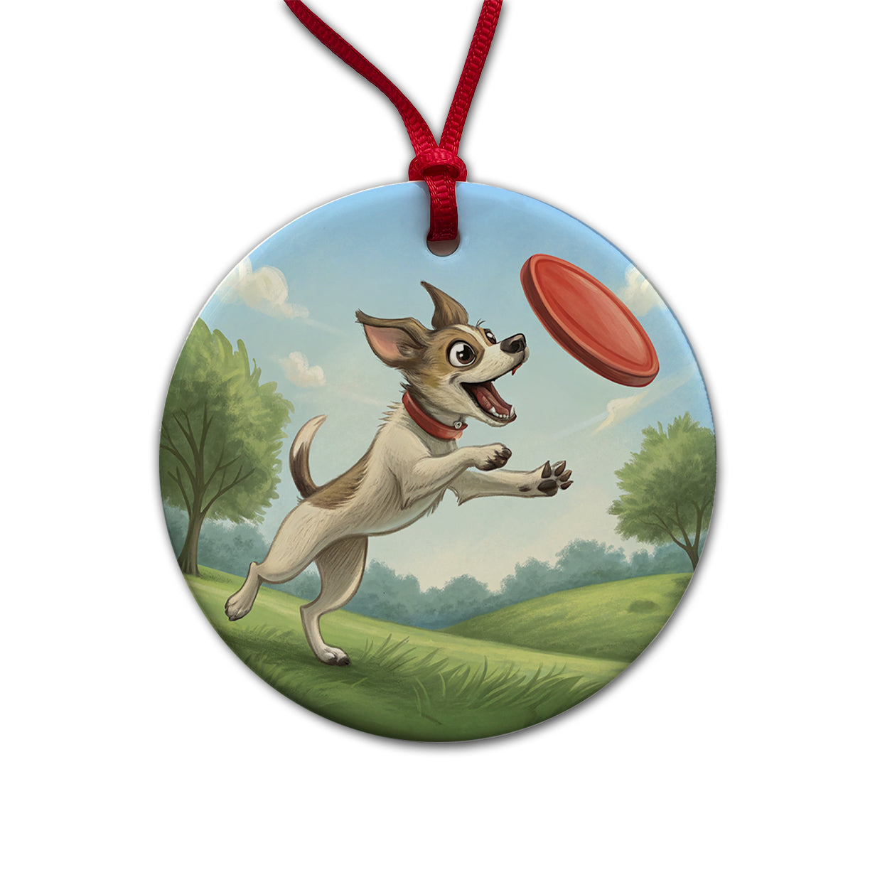Small Dog Catching a Flying Disc Round Ceramic Holiday Christmas Tree Ornament