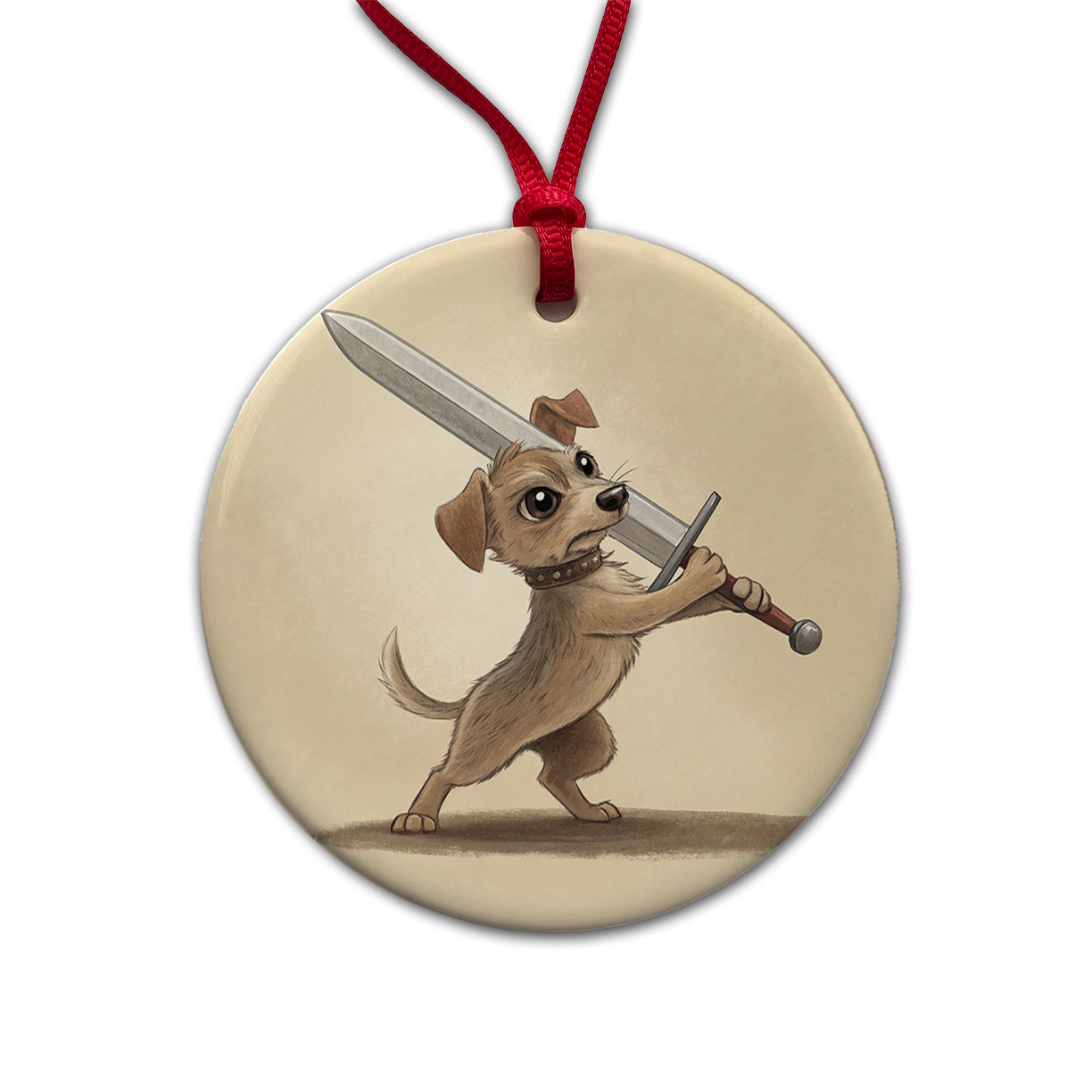 Small Dog Wielding a Large Sword Funny Fantasy Round Ceramic Holiday Christmas Tree Ornament