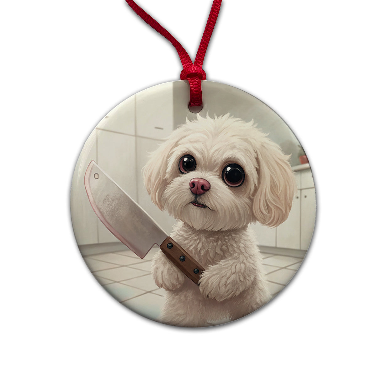 Small Fluffy Dog with a Butcher Knife Funny Scary Halloween Round Ceramic Holiday Christmas Tree Ornament