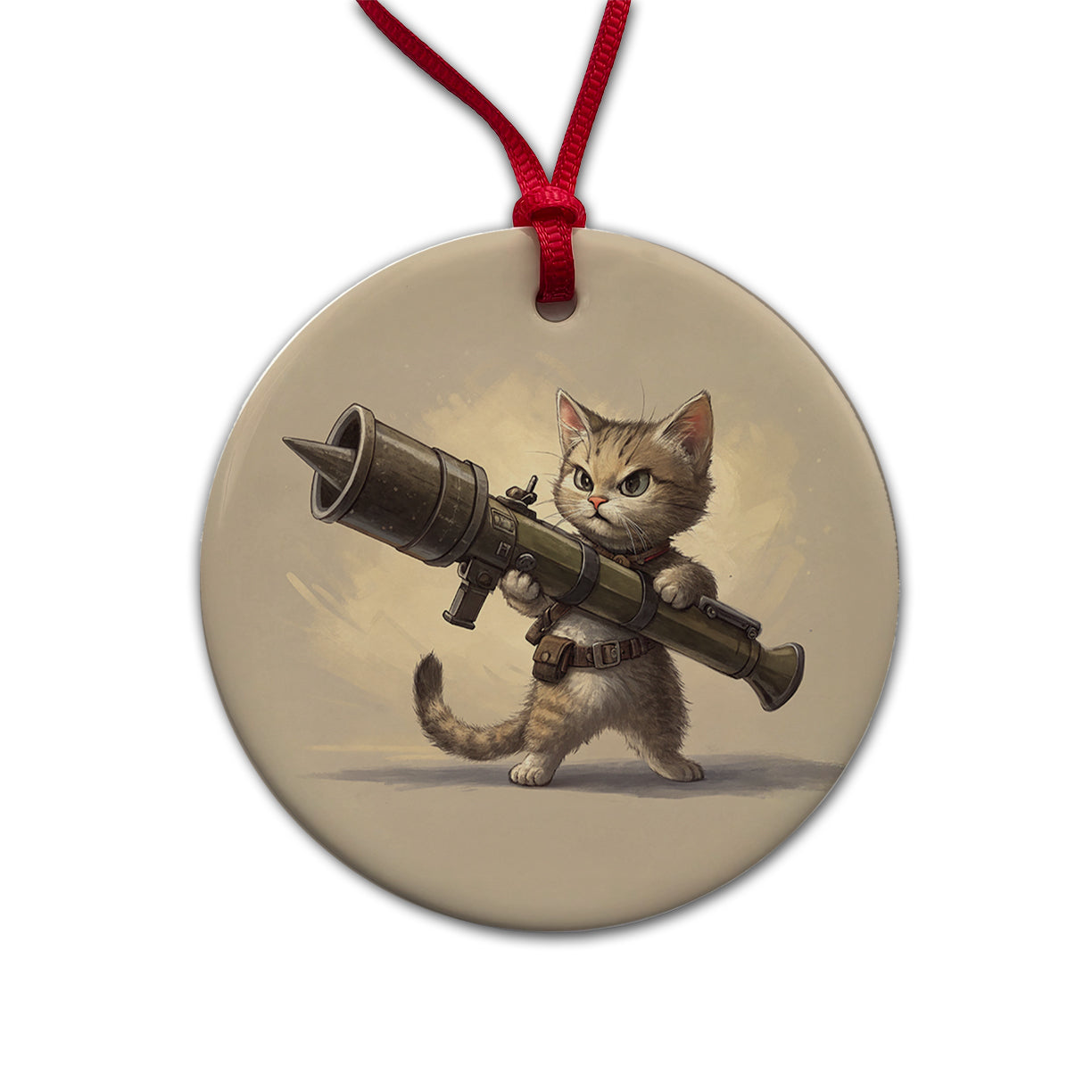 Small Fuzzy Cat Kitten with a Rocket Launcher Funny Round Ceramic Holiday Christmas Tree Ornament