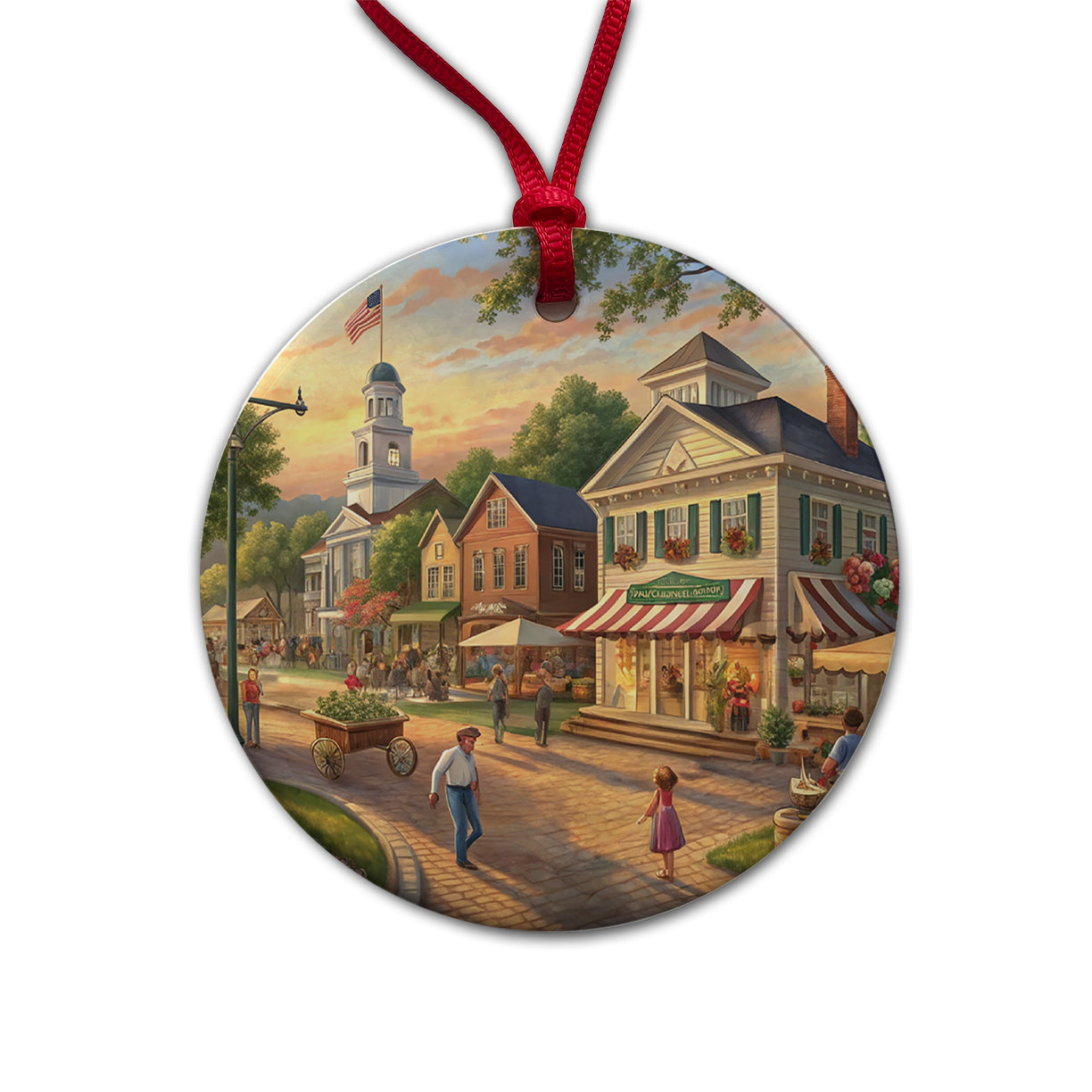 Small Town Americana Scene Round Ceramic Holiday Christmas Tree Ornament