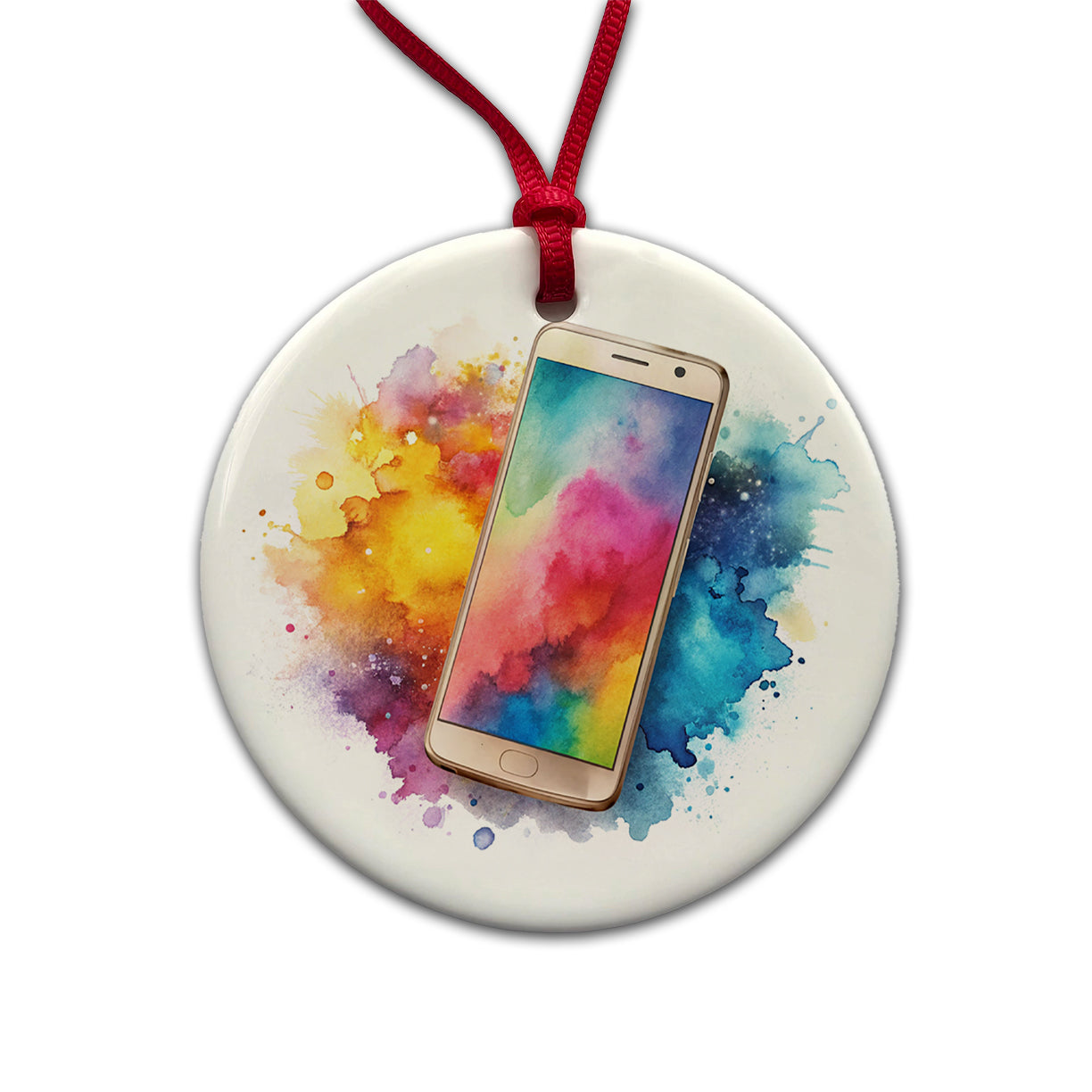 Smart Phone Watercolor Round Ceramic Holiday Christmas Tree Ornament
