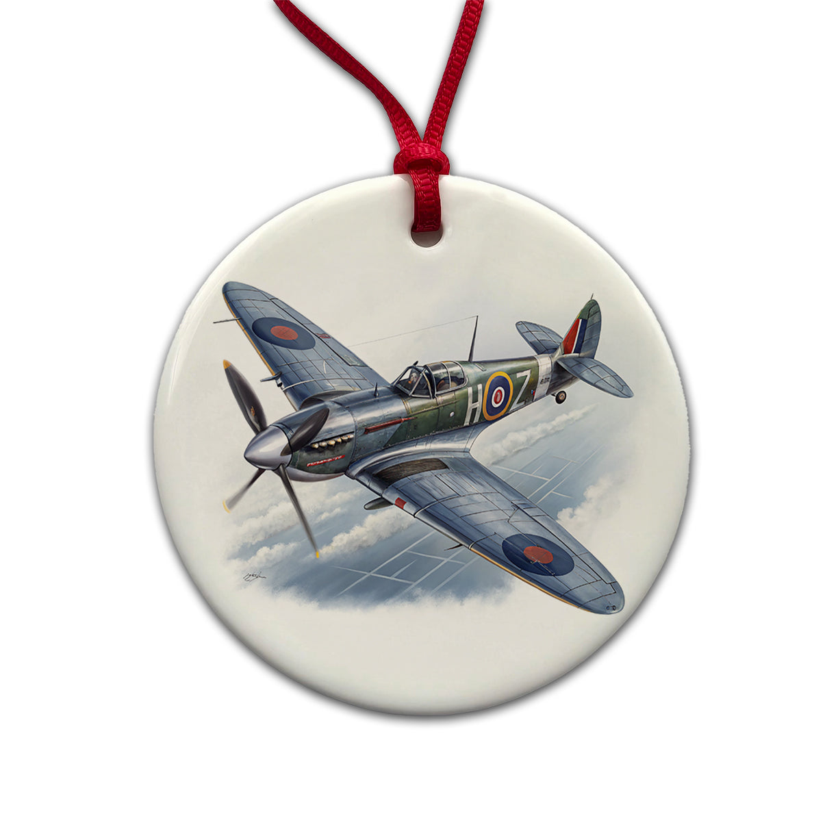Spitfire WWII British Fighter Plane Round Ceramic Holiday Christmas Tree Ornament