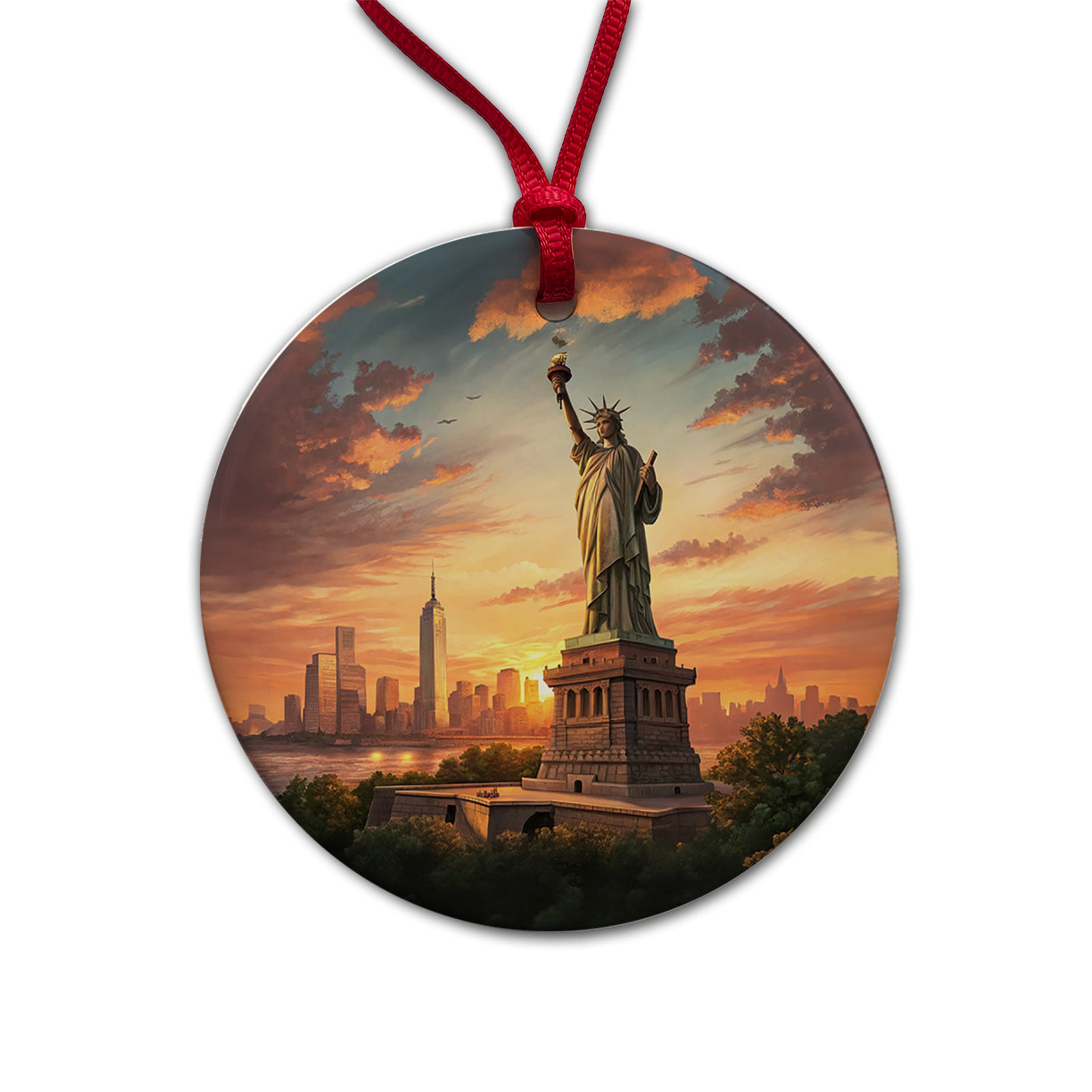 Statue Of Liberty During Sunset New York City Round Ceramic Holiday Christmas Tree Ornament