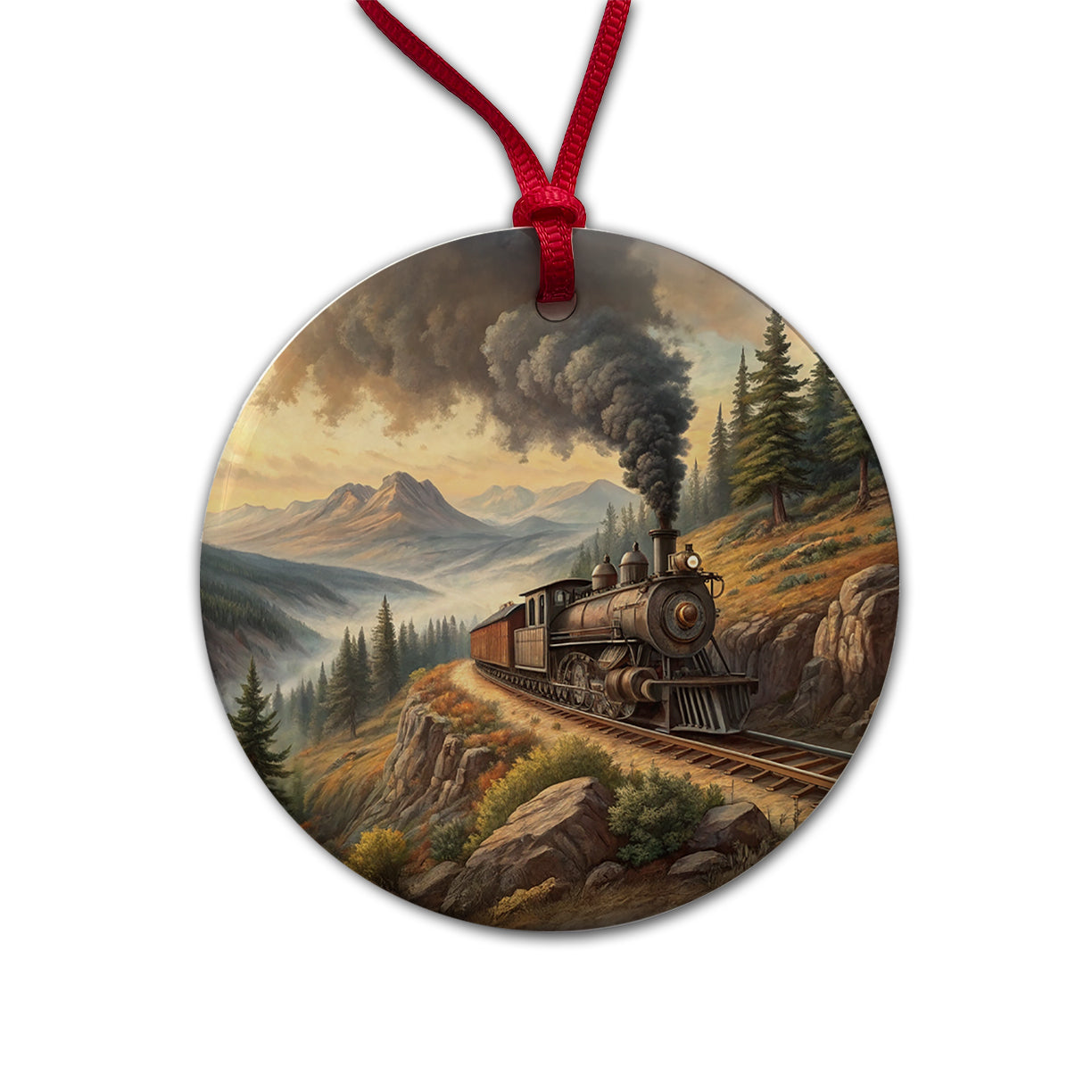 Steam Locomotive Coming Around The Mountain Old West Western Round Ceramic Holiday Christmas Tree Ornament