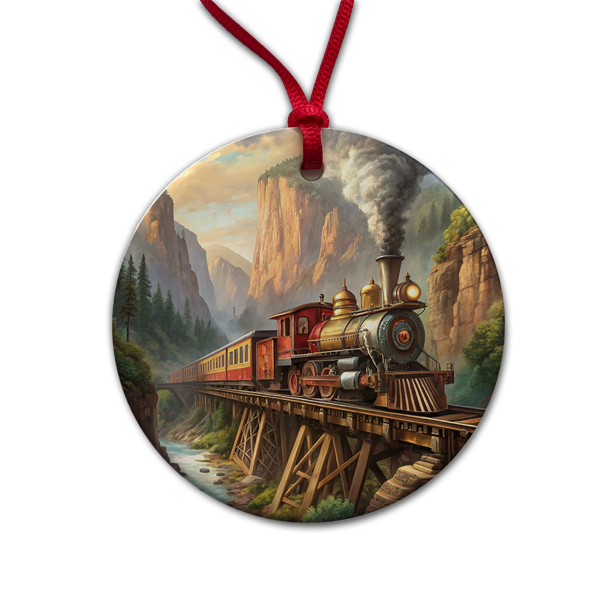 Steam Locomotive Crossing Gorge Old West Western Round Ceramic Holiday Christmas Tree Ornament