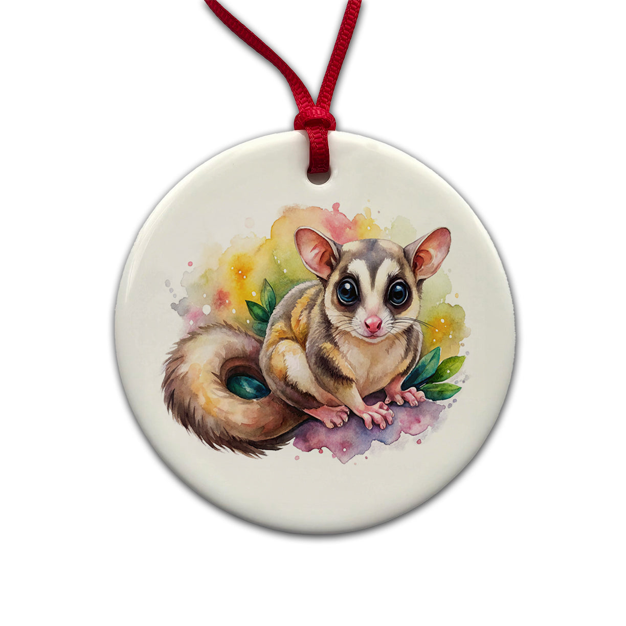 Sugar Glider Watercolor Round Ceramic Holiday Christmas Tree Ornament
