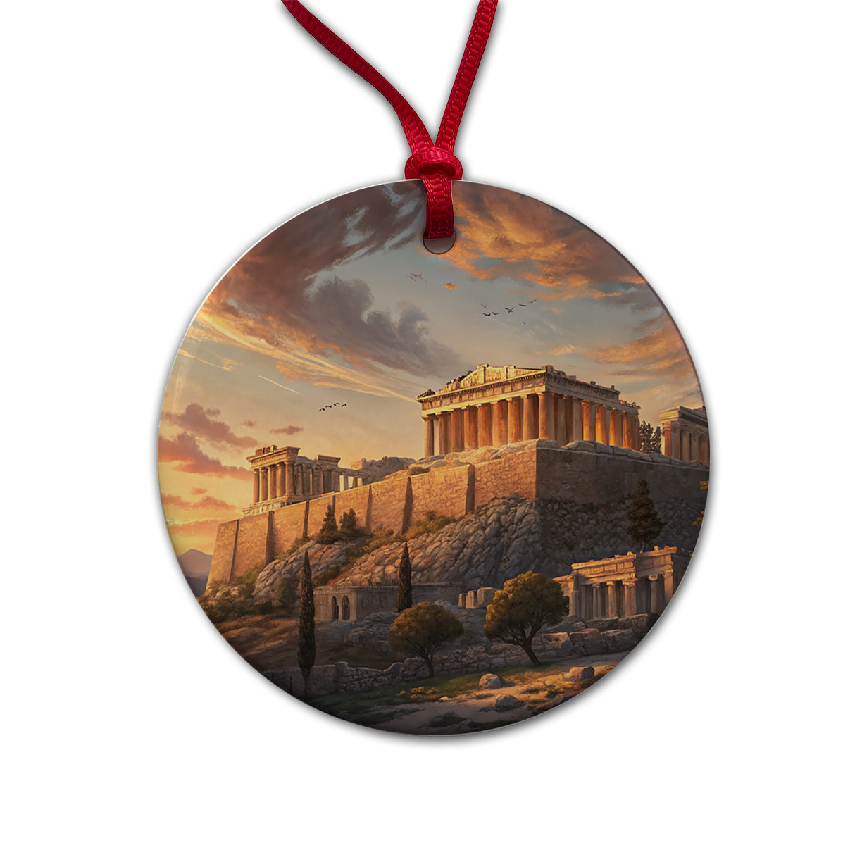 The Acropolis At Golden Hour Athens Greece Round Ceramic Holiday Christmas Tree Ornament