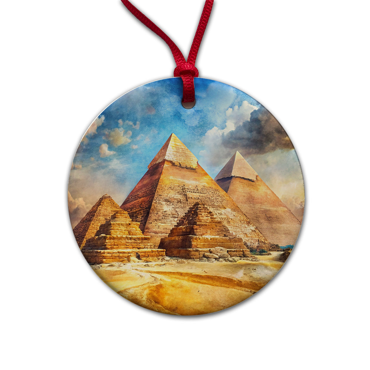 The Great Pyramids Of Giza Watercolor Round Ceramic Holiday Christmas Tree Ornament