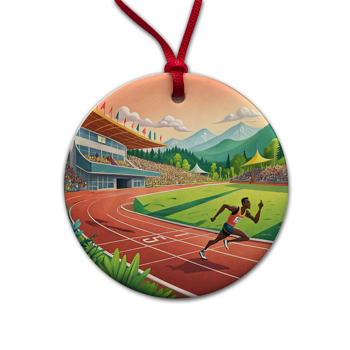 Track And Field Running Race Dash Round Ceramic Holiday Christmas Tree Ornament