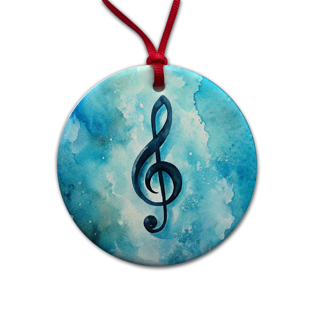 Treble Clef Music Musical Note Blue Watercolor Round Ceramic Holiday Christmas Tree Ornament