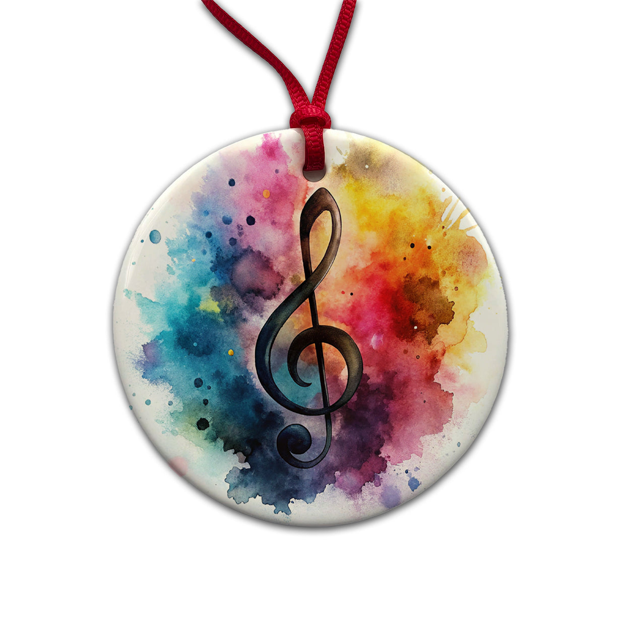 Treble Clef Music Musical Note Colorful Watercolor Round Ceramic Holiday Christmas Tree Ornament