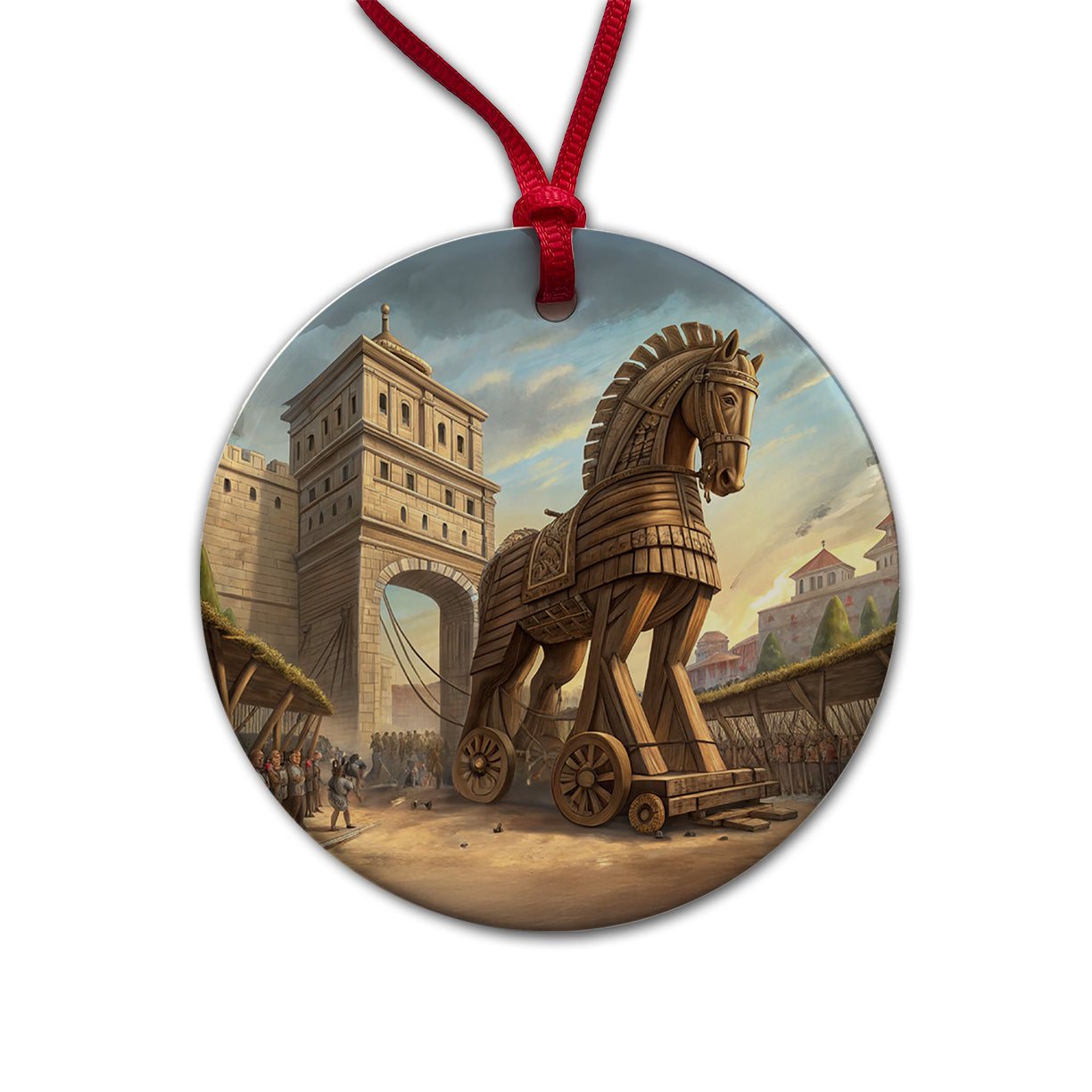 Trojan Horse Being Brought Into Troy Homer's Iliad War Round Ceramic Holiday Christmas Tree Ornament