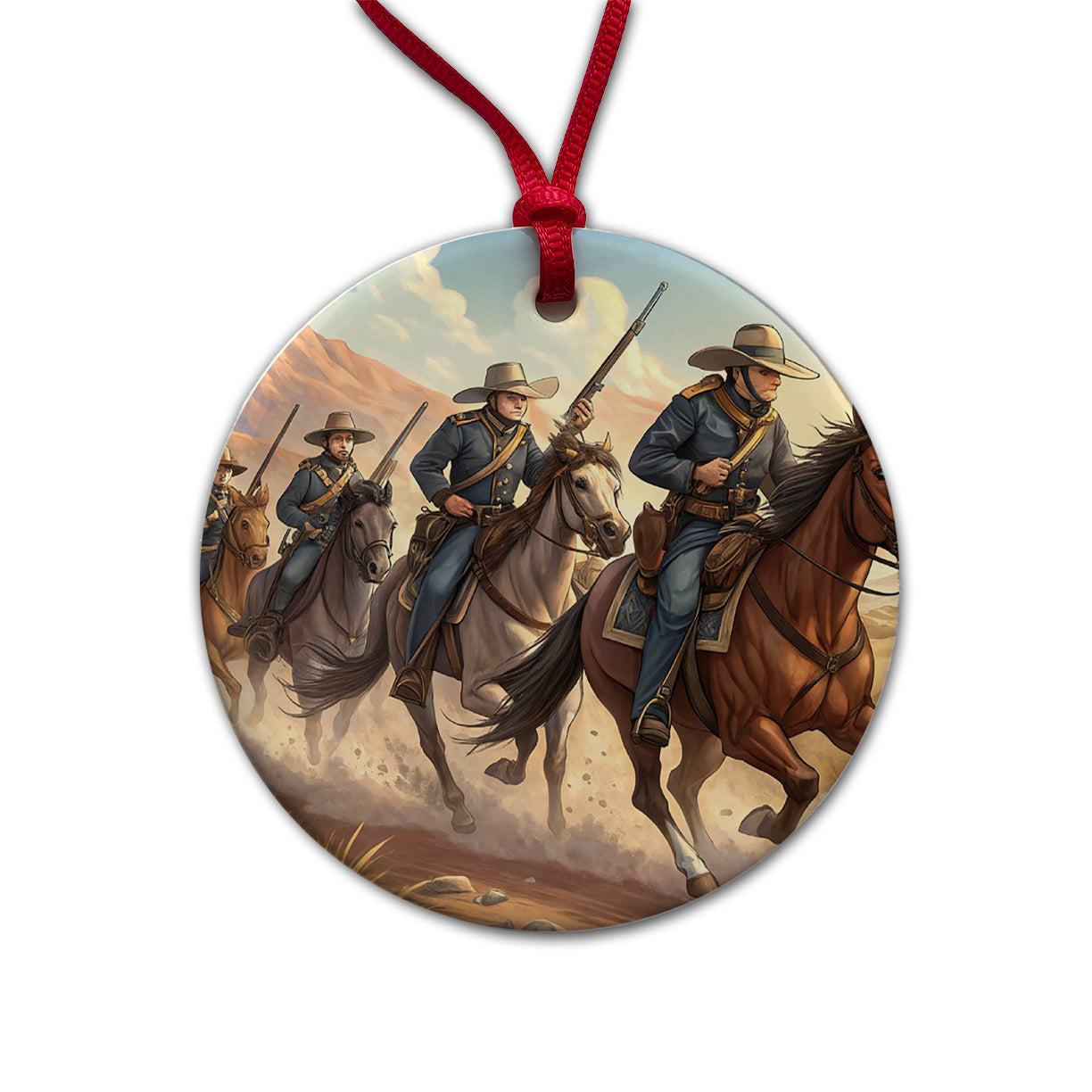 US Cavalry Charge Cowboy Western Old West Round Ceramic Holiday Christmas Tree Ornament