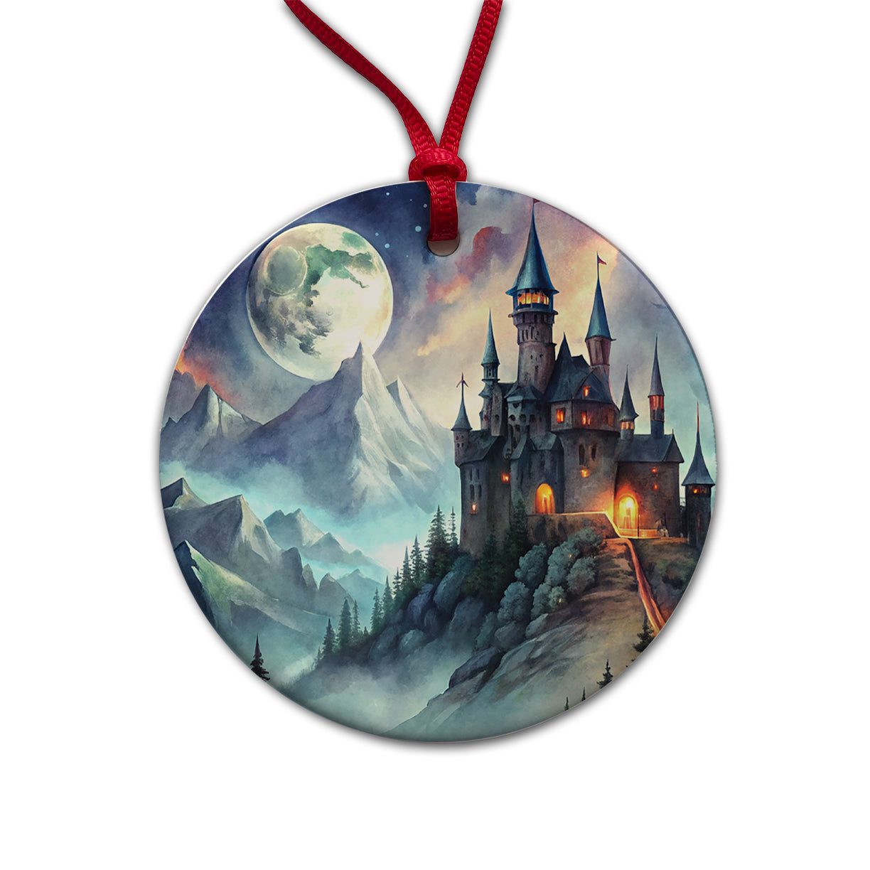 Vampire Castle On Mountain Top Under A Full Moon Round Ceramic Holiday Christmas Tree Ornament