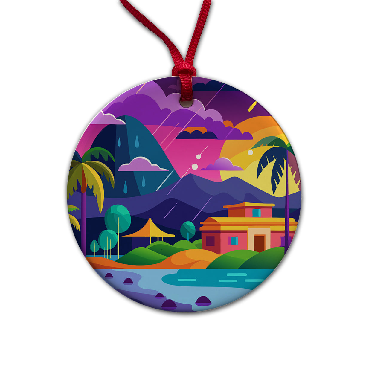 Vibrant Colored Tropical Monsoon Raining Landscape Round Ceramic Holiday Christmas Tree Ornament