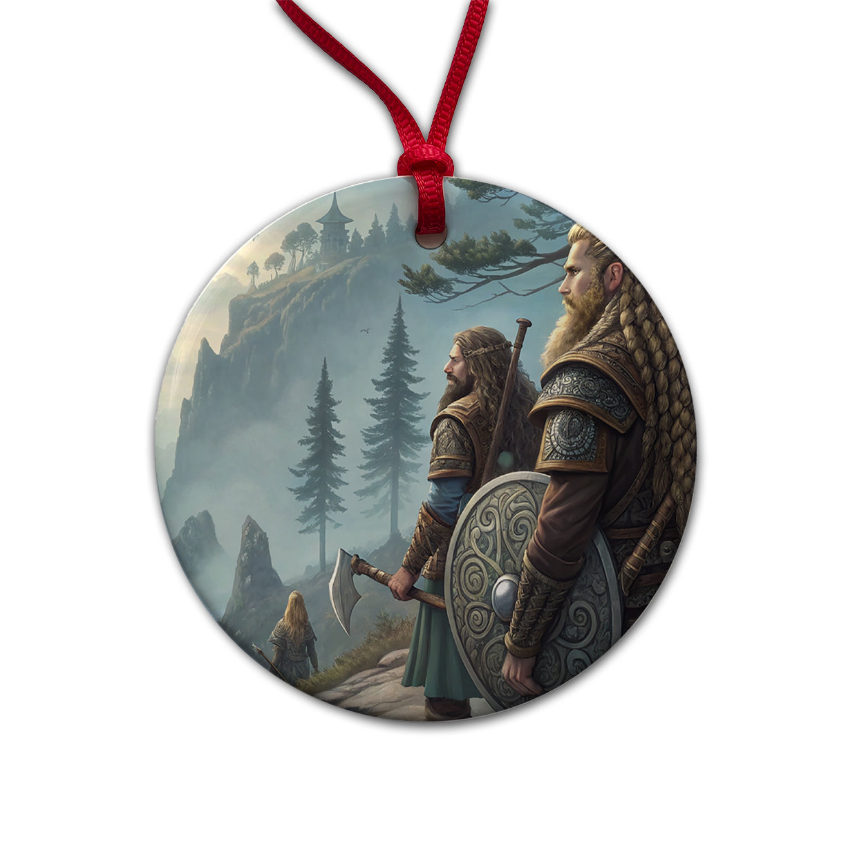 Vikings Raiders Anime Style Fantasy Round Ceramic Holiday Christmas Tree Ornament