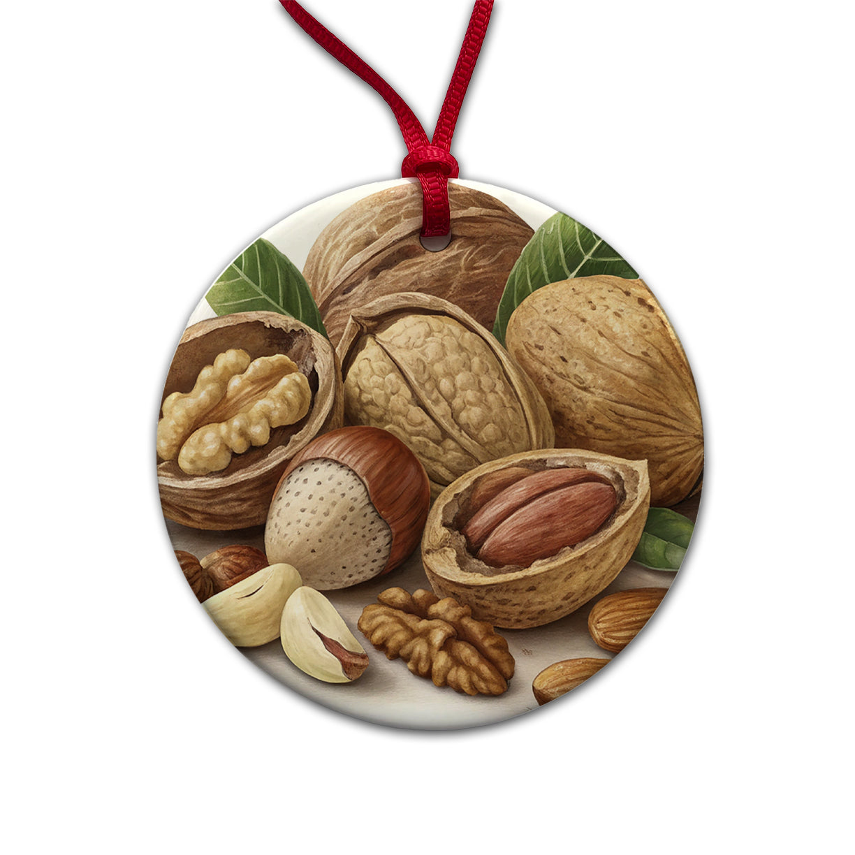 Walnuts Hazelnuts Almonds Brazil Nuts Round Ceramic Holiday Christmas Tree Ornament