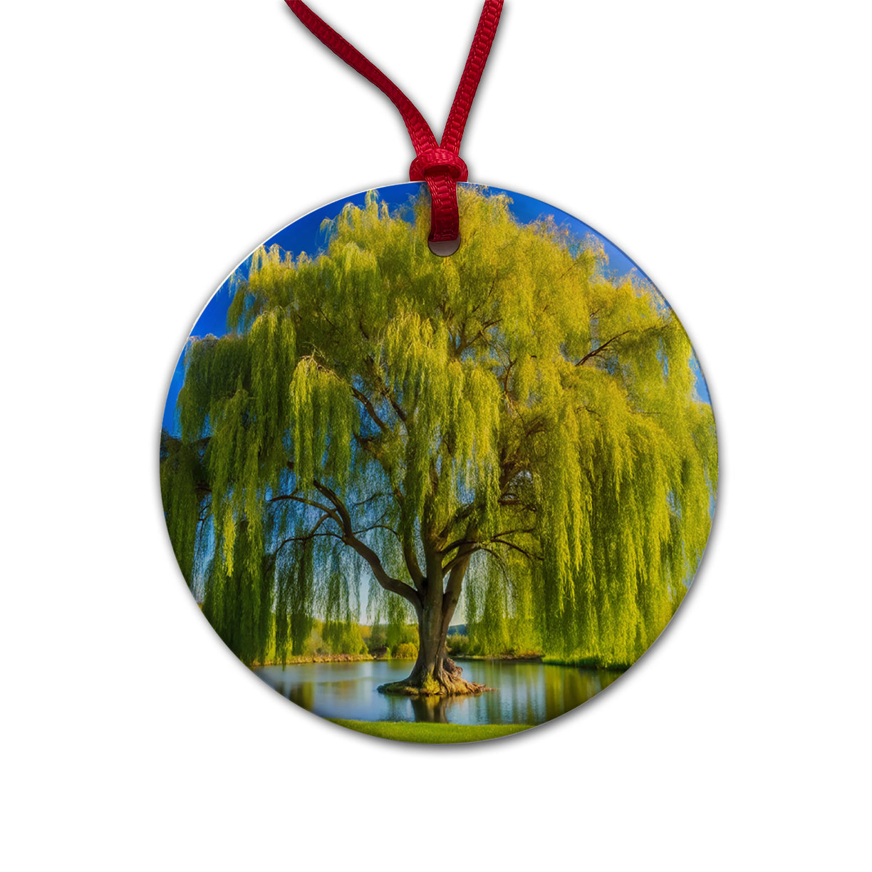 Weeping Willow Tree in Pond Round Ceramic Holiday Christmas Tree Ornament