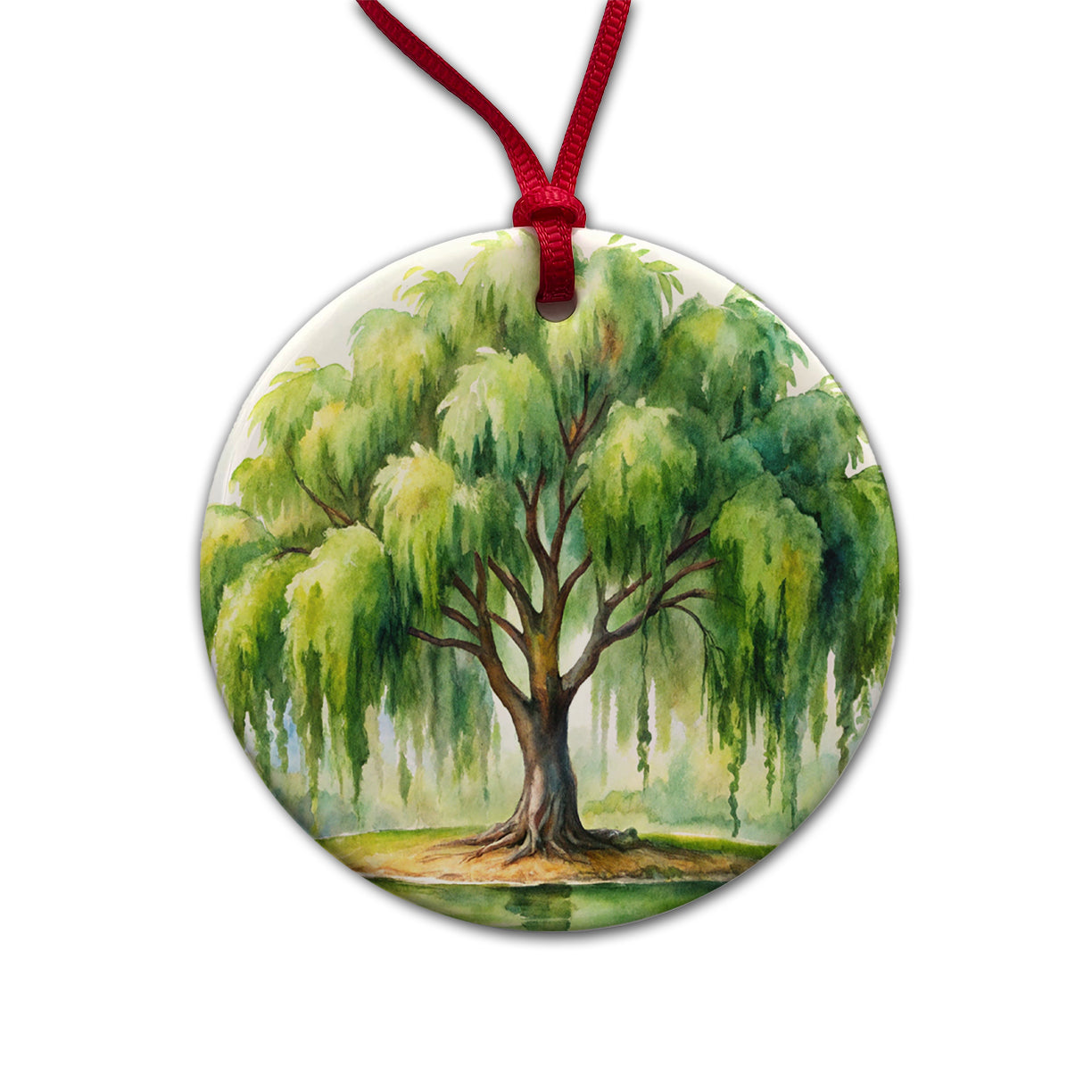 Weeping Willow Tree Watercolor Round Ceramic Holiday Christmas Tree Ornament