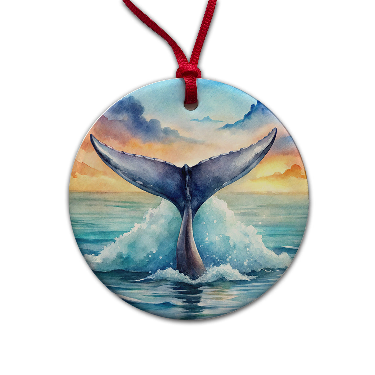 Whale Tail Ocean Watercolor Round Ceramic Holiday Christmas Tree Ornament