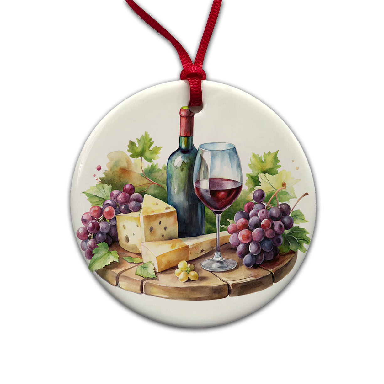 Wine Cheese Grapes on Board Watercolor Round Ceramic Holiday Christmas Tree Ornament