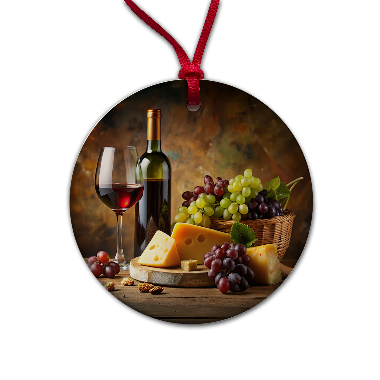 Wine Cheese Grapes Rustic Setting Round Ceramic Holiday Christmas Tree Ornament