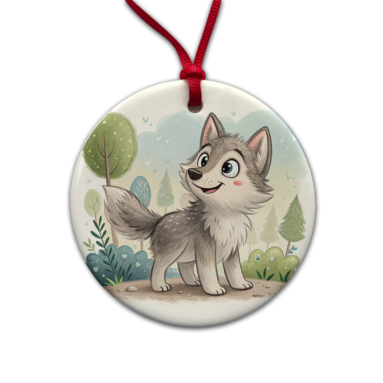 Wolf Children's Illustration Style Round Ceramic Holiday Christmas Tree Ornament