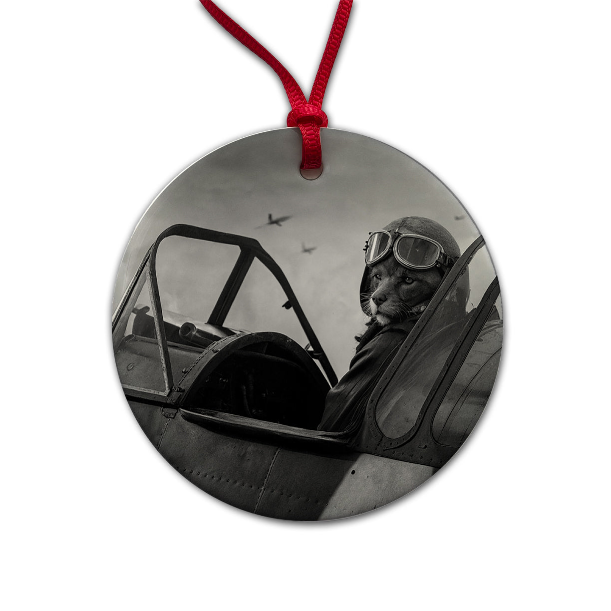 WWII Cat Fighter Plane Pilot Ace Retro Alternative Universe Round Ceramic Holiday Christmas Tree Ornament